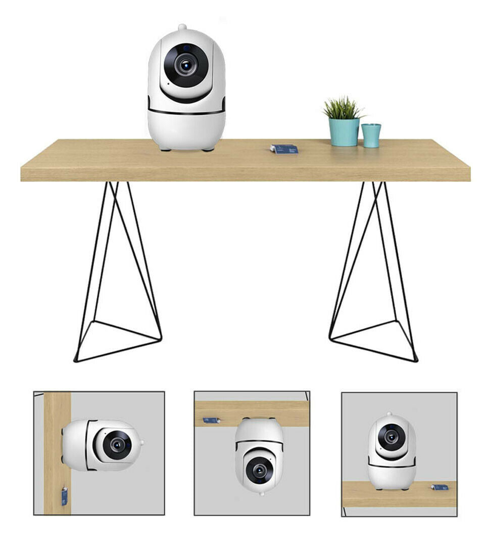WiFi Wireless CCTV IP Camera on a wooden table with plants and device shown from different angles.