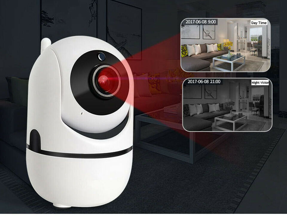 WiFi Wireless CCTV IP Camera displaying day and night vision footage in a modern living room setting.
