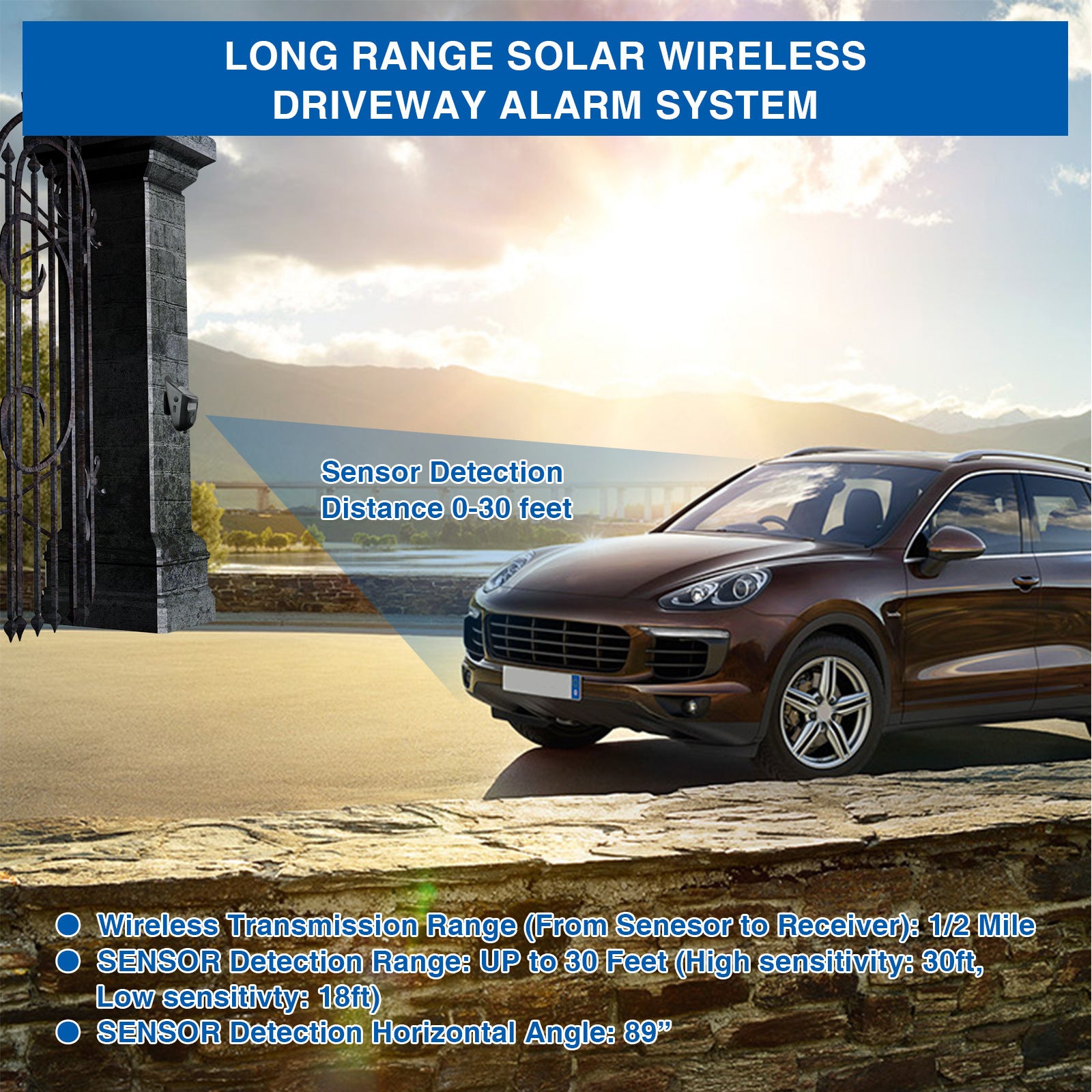 Solar Waterproof Induction Alarm Detection for Driveway, featuring solar panel and motion sensor for outdoor use.