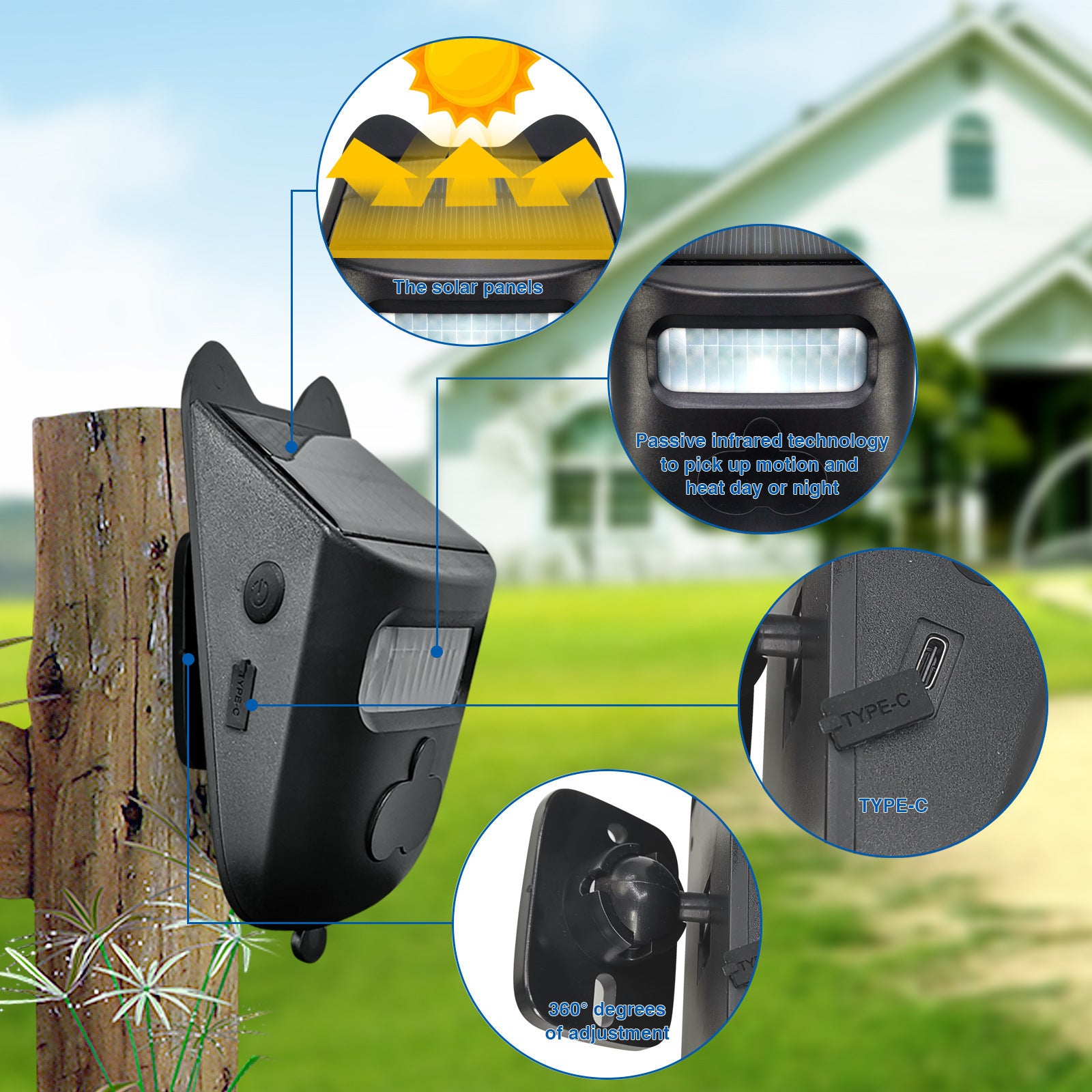 Solar Waterproof Induction Alarm Detection for Driveway, featuring solar panel and motion sensor for outdoor use.