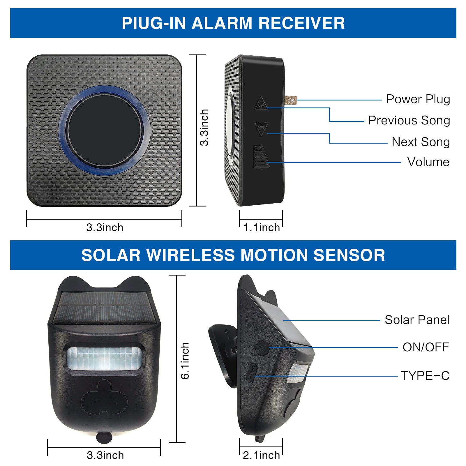 Solar Waterproof Induction Alarm Detection for Driveway, featuring solar panel and motion sensor for outdoor use.